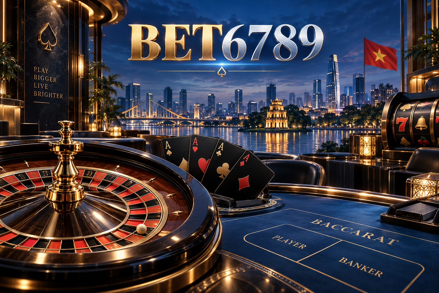 BET6789, không gian casino xanh và vàng với bài, roulette và yếu tố Việt Nam